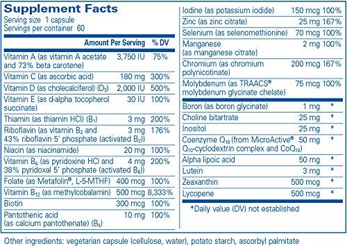 Serving Size: 1 Capsule Servings Per Container: 60  Amount Per Serving / % DV  Vitamin A (As Vitamin A acetate and 27% beta carotene) 1125mcg / 125% Vitamin C (As ascorbic acid) 180mg / 200% Vitamin D (As cholecalciferol) (D3) 25mcg (1000 IU) / 125% Vitamin E (As d-alpha tocopherol succinate) 20mg / 134% Vitamin K (As Vitamin K1) 60mcg / 50% Thiamin (As thiamin HCI) (B1) 3mg / 250% Riboflavin 3mg / 231% (As Vitamin B2‚ and 43% Riboflavin 5' Phosphate (Activated B2)) Niacin (As niacinamide) 20mg / 125% Vitam